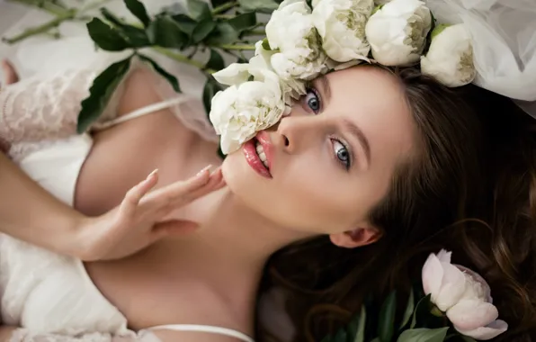 Look, girl, flowers, face, hands, neckline, peonies, Natalia Magicka