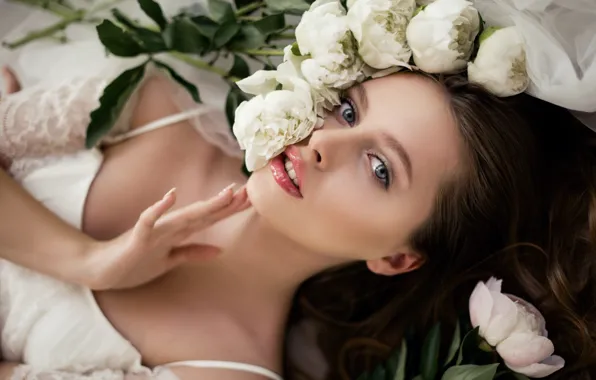 Picture look, girl, flowers, face, hand, neckline, peonies, Natalia Magicka