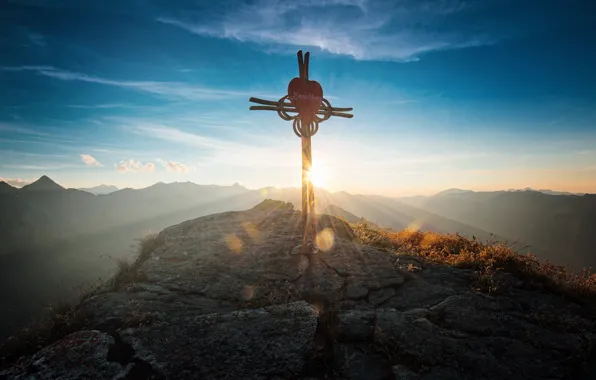 The sky, clouds, rays, mountains, stones, dawn, heart, cross
