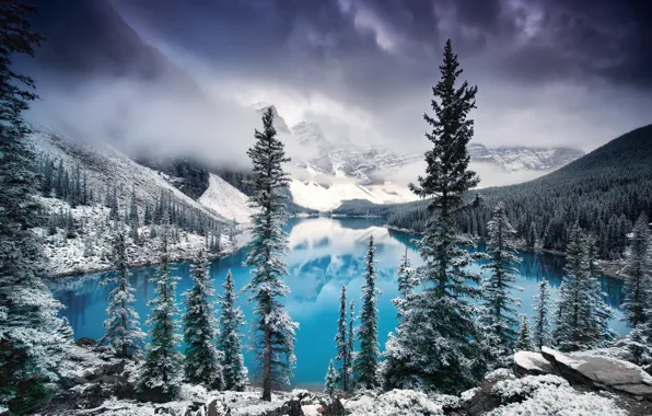 Winter, clouds, snow, trees, mountains, clouds, fog, lake