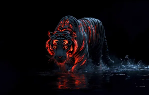 Picture Tiger, Water, Dope, Animals, Black background, AI art