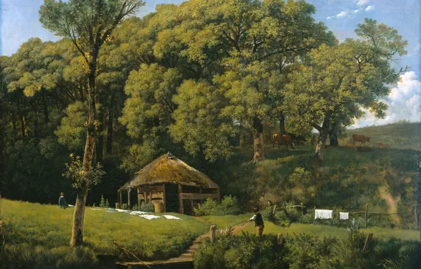 Picture landscape, oil, picture, canvas, Wouter Johannes van Troostwijk, Farm on the Banks of the Stream …