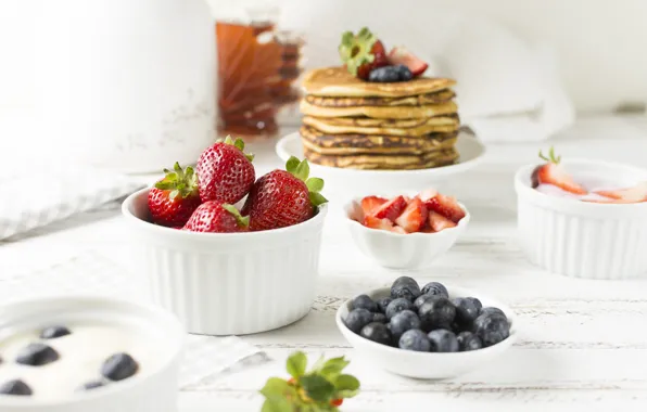 Berries, Breakfast, yogurt, pancakes