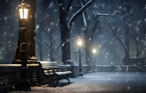 Winter, snow, trees, bench, night, lights, Park, street