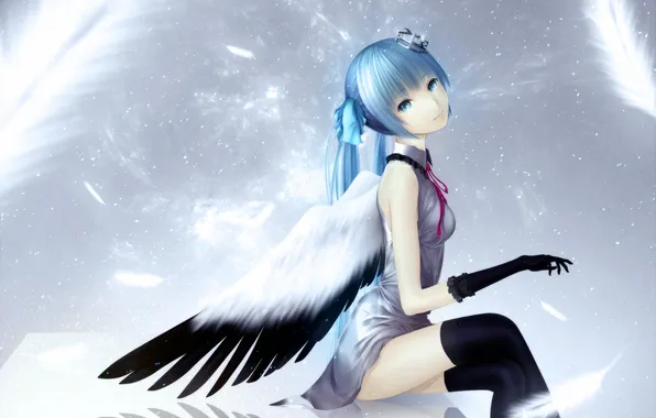 Wings, angel, stockings, feathers, crown, art, vocaloid, hatsune miku