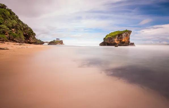 Sea, the sky, trees, mountains, rock, island