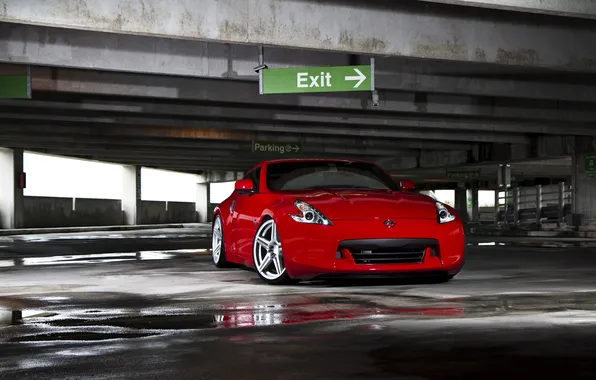 Red, puddle, Parking, Parking, red, Nissan, Nissan, parking