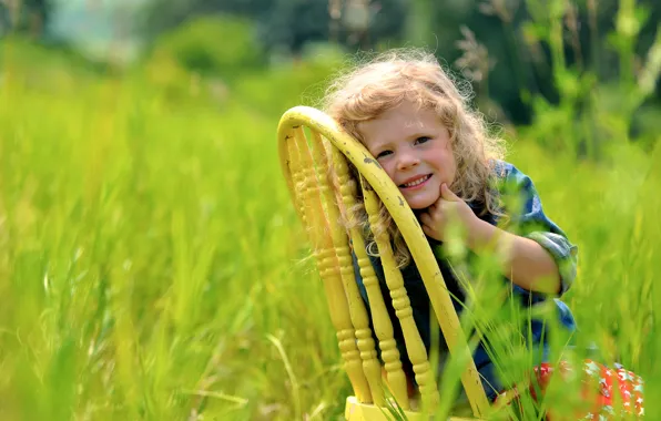 Picture greens, grass, nature, smile, chair, girl, child