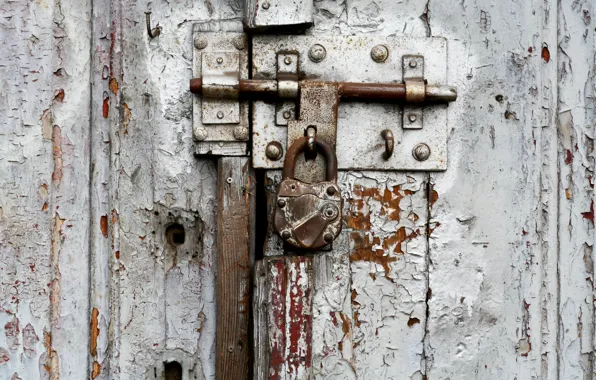Picture metal, white, nail, door, old padlock, screw