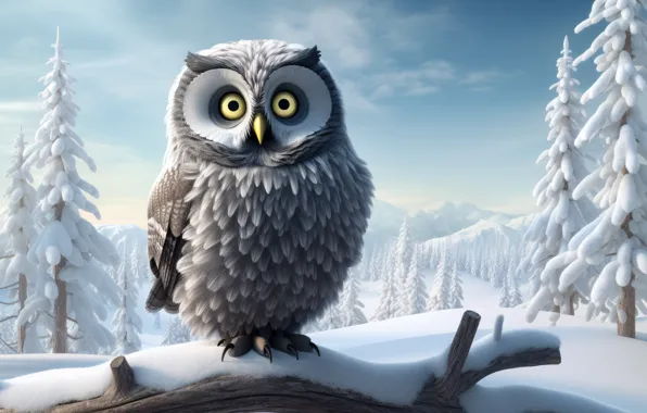 Winter, forest, look, clouds, snow, mountains, owl, bird