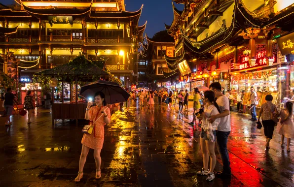 People, city, umbrellas, China, Shanghai, street, stores, life