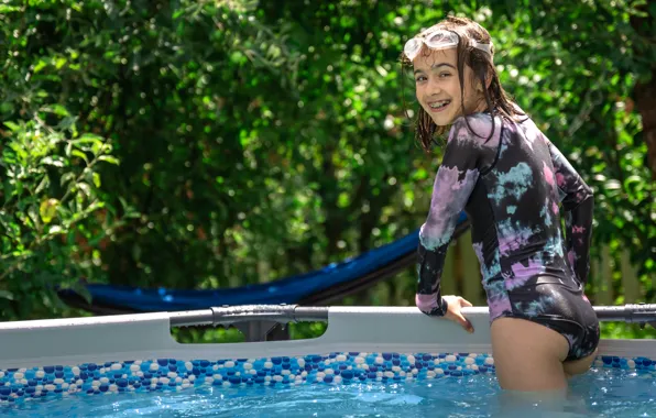 Girl, summer, pool, little, playing, swimming
