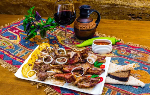 Picture greens, wine, bow, bread, meat, sauce
