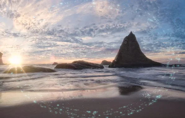 Sand, sea, beach, the sky, the sun, clouds, rays, light
