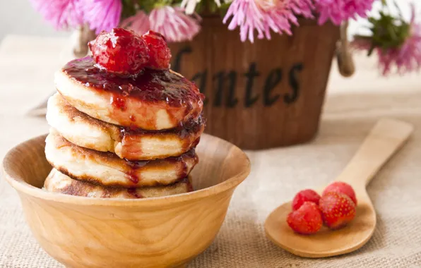 Strawberry, jam, pancakes