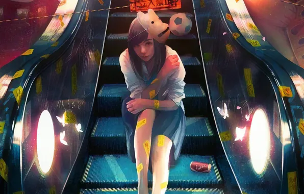 Picture metro, mask, characters, handrails, schoolgirl, soccer ball, escalator, print