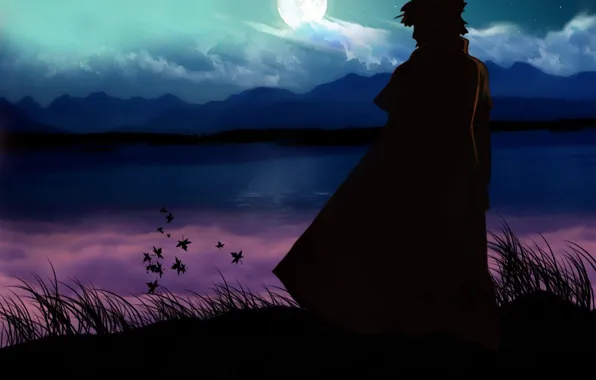 Mountains, lake, the moon, rock, naruto, namikaze minato