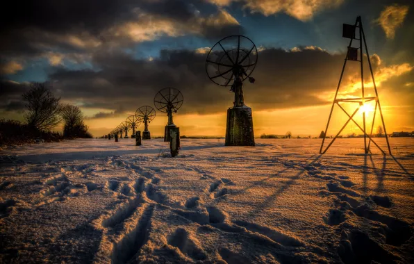 Winter, sunset, antenna