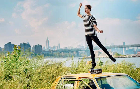 Landscape, bridge, pose, river, home, figure, actress, t-shirt