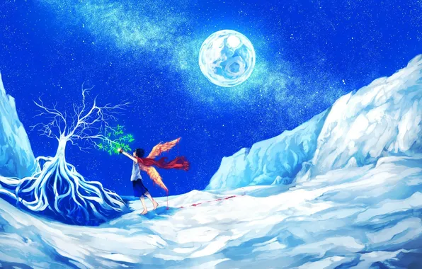 Winter, leaves, stars, snow, night, tree, the moon, blood
