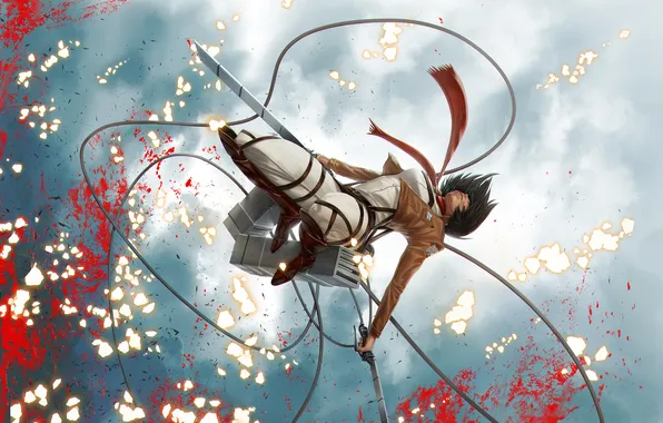 Picture girl, flight, Attack on Titan, Mikasa Ackerman, blades. blood