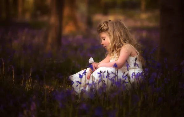 Flowers, mood, butterfly, girl, bells, bokeh