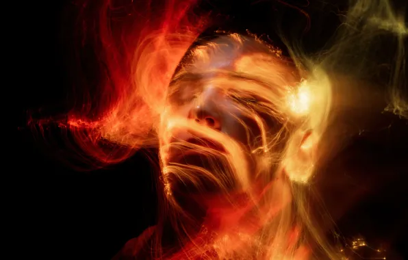 Girl, light, line, abstraction, face, style, lights, fire