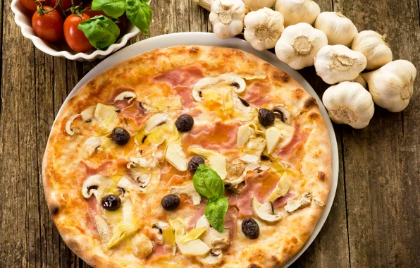 Mushrooms, cheese, pizza, tomatoes, olives, mushrooms, cheese, ham