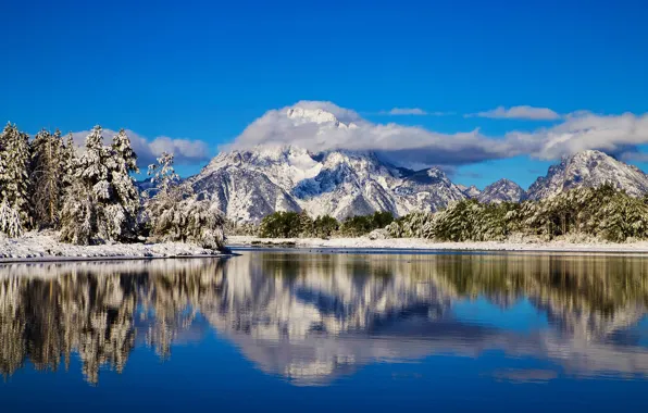 Winter, clouds, mountains, reflection, river, Wyoming, Wyoming, Grand Teton National Park