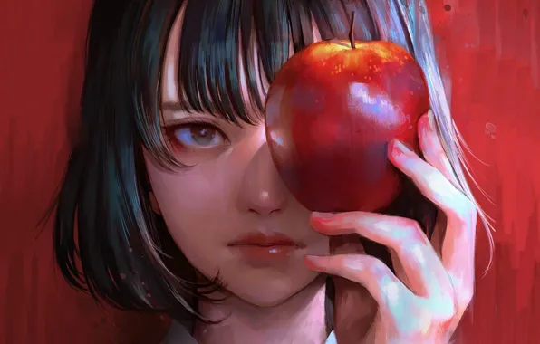 Picture bangs, hand, portrait of a girl, face, red Apple, haircut