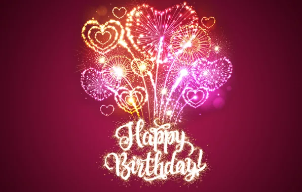 Salute, Happy Birthday, pink, hearts, fireworks, sparkle, Birthday, design by Marika
