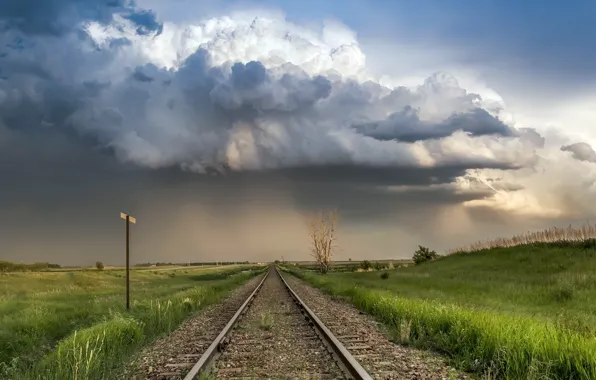 Field, summer, clouds, nature, railroad