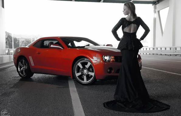 Girl, focus, Chevrolet, figure, dress, b/W, Camaro, neckline