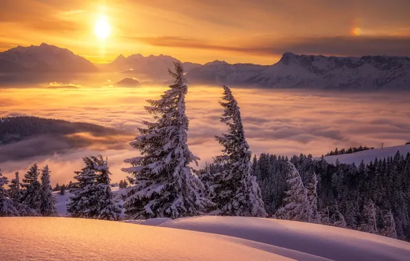 Winter, clouds, snow, trees, sunset, mountains, Austria, ate