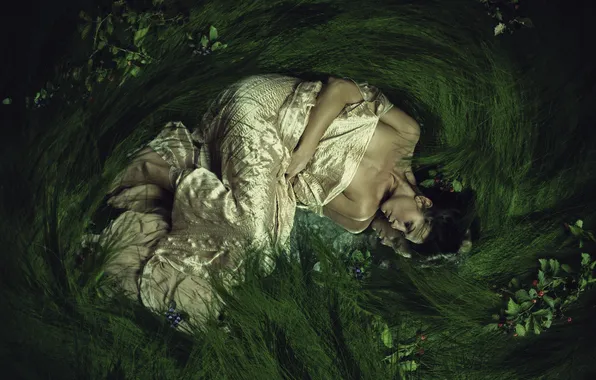 Picture grass, girl, reflection, berries