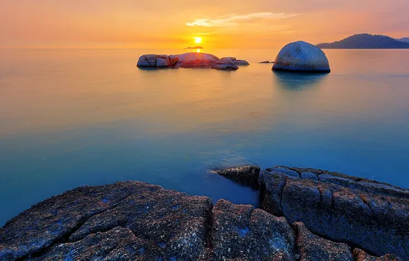 Sea, the sky, clouds, sunset, stones, rocks