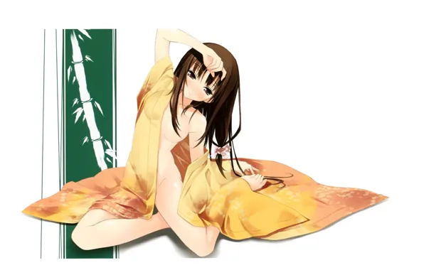 Bamboo, girl, kimono, sitting on the floor, the hand on the head, by Kantoku