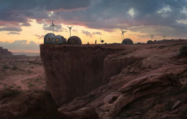 Mountains, rocks, desert, home, windmills, settlement, canyon village