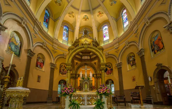 Flowers, Church, stained glass, the dome, the altar