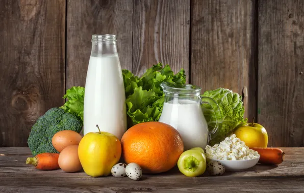 Picture apples, bottle, food, eggs, milk, cream, pitcher, still life