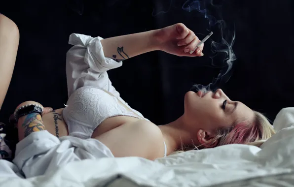 Chest, girl, face, smoke, hand, tattoo, cigarette, bra