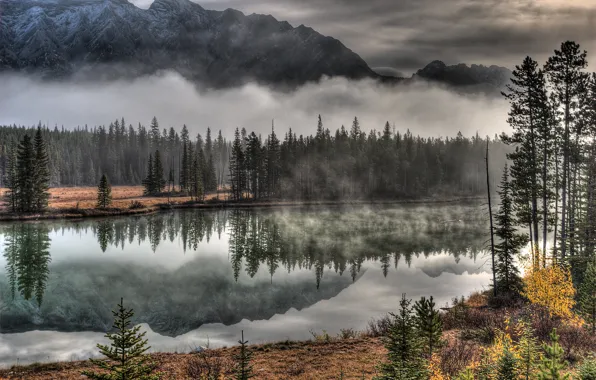 Picture the sky, trees, mountains, clouds, fog, river