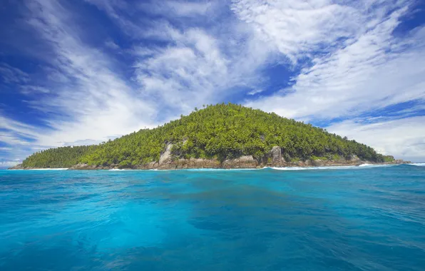 Sea, the sky, clouds, trees, landscape, blue, the ocean, island