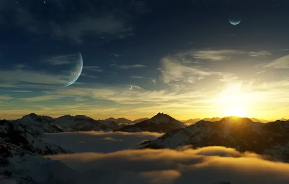 The sky, the sun, clouds, mountains, planet