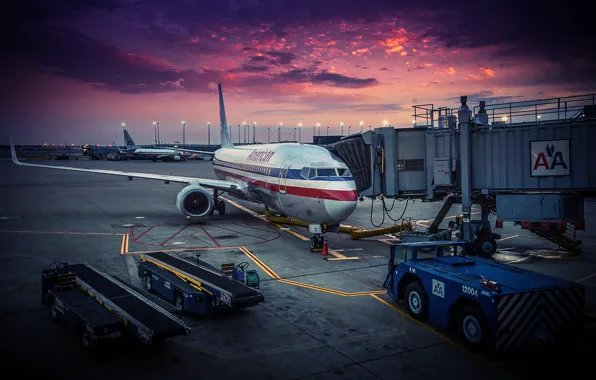 The plane, dawn, airport, USA, Chicago, American Airlines
