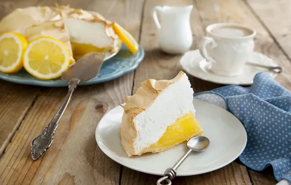 Lemon, plate, pie, spoon, cake, dessert, saucer, piece