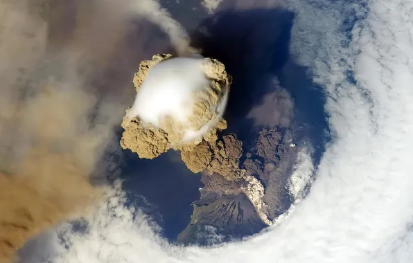 Picture clouds, smoke, view from space, The eruption of the volcano