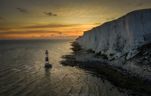 Sea, sunset, rock, lighthouse, England, England, The Channel, English Channel