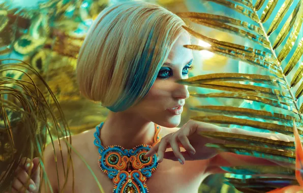 Picture girl, decoration, branches, portrait, makeup, hairstyle, blonde, bokeh