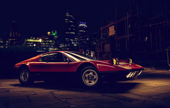 Picture lights, Ferrari, sportcar, night city, Ferrari berlinetta boxer